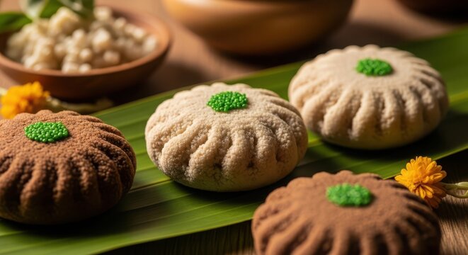 Close up of traditional modaks sweet dumplings arranged on a vibrant banana leaf