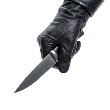A hand wearing a black leather glove holding a fixed blade knife isolated on transparent background