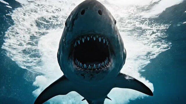 Giant shark emerges from deep blue ocean waters with open mouth