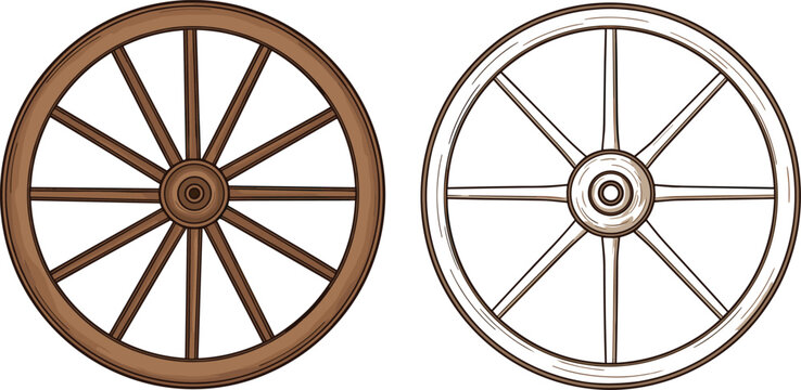 Wooden wagon wheel set with classic spoke designs, vintage rustic transport vector illustration isolated for western, historical, and countryside themed projects