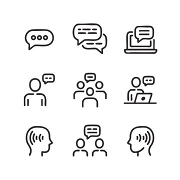 An illustration depicts people communicating through speech bubbles on computers and laptops in various settings with diverse reactions and conversations.
