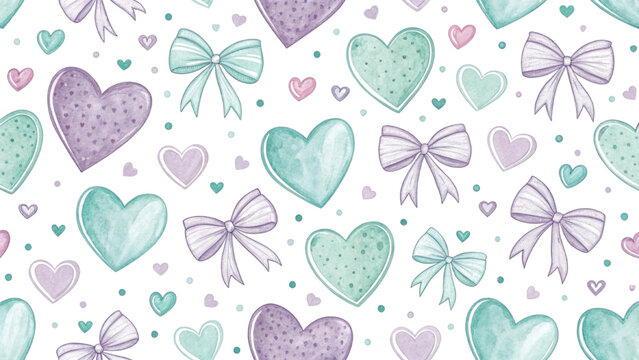 Cute pastel pattern with hand-painted style. Includes colorful hearts and ribbon bows background 