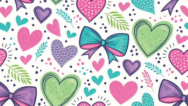 Cute pastel pattern with hand-painted style. Includes colorful hearts and ribbon bows background 