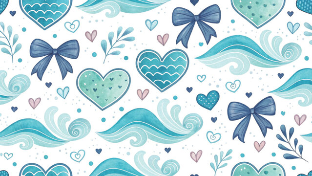 Cute pastel pattern with hand-painted style. Includes colorful hearts and ribbon bows background 