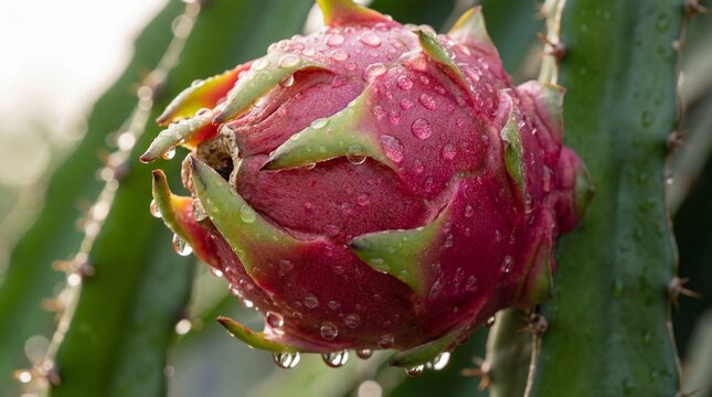 Detailed view of a fresh dragon fruit on the plant during sunrise, ray-tracing reflections in water droplets, premium agricultural stock image.