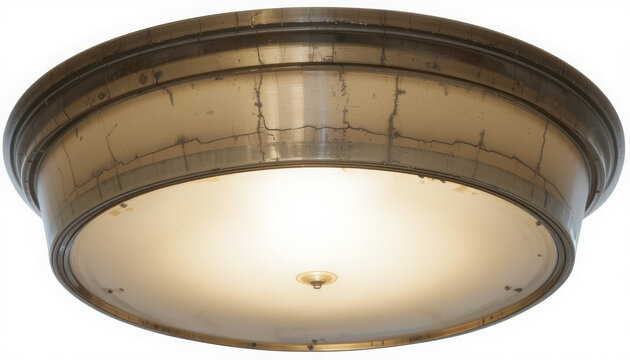 Vintage brass ceiling light fixture with cracked glass shade and warm glow isolated on white background