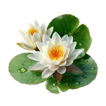 Two white water lily flowers with green leaves isolated on transparent background