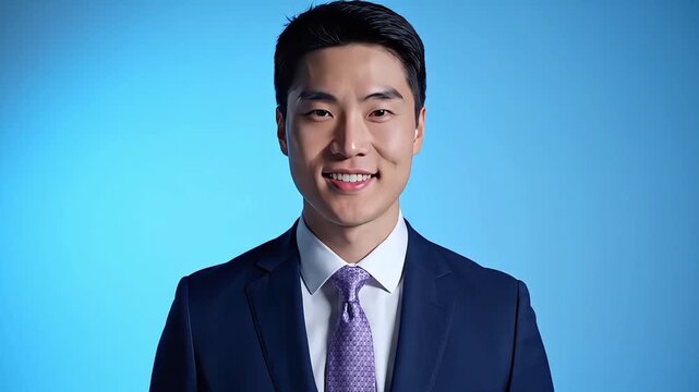 Smiling asian businessman wearing professional navy blue suit and purple tie posing for corporate portrait against bright blue studio background