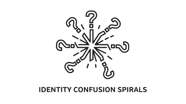 Minimalist identity confusion spiral icon featuring abstract question marks radiating in circular motion, symbolizing uncertainty, decision anxiety, mental chaos, and cognitive overload in clean l