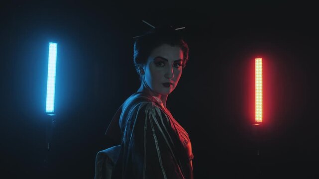 Cinematic Neon Kimono Portrait: Woman Turning to Camera. Young actress in traditional Japanese costume performing Madama Butterfly.