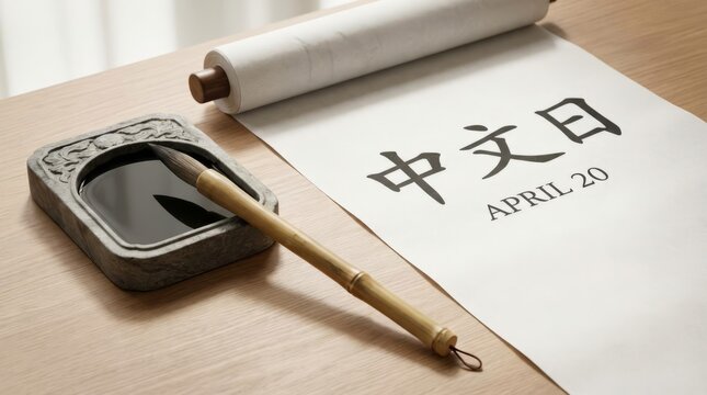 Traditional Chinese calligraphy brush, inkstone and paper for practice and study.