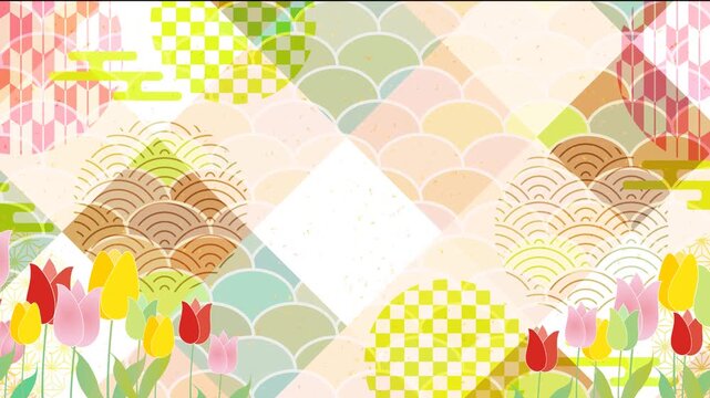 Traditional Japanese background with tulips and floral patterns