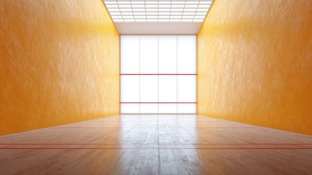 Bright and Spacious Indoor Squash Court with Natural Light and Vibrant Orange Walls Highlighting the Wooden Floor and Red Court Lines