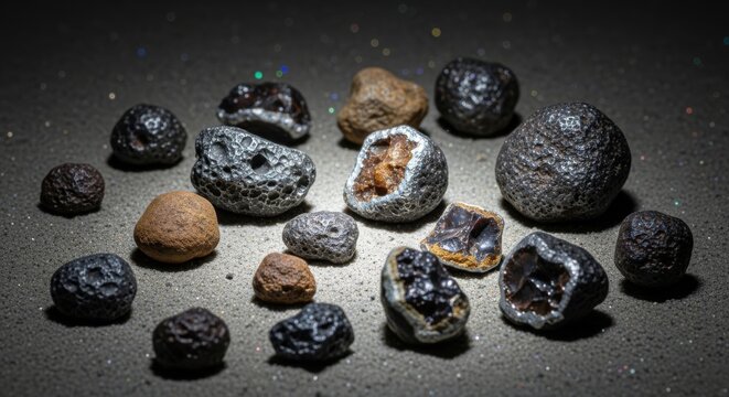 Collection of diverse extraterrestrial meteorite fragments with varied textures and internal crystal formations scattered on a textured surface