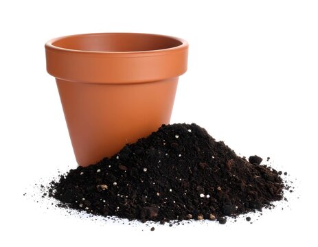 Heap of soil with one empty pot on white background