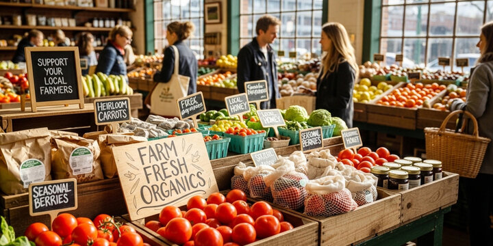 Local organic food market with fresh vegetables and fruits 