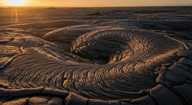 Smooth undulating basaltic plains with subtle flow patterns under golden hour sunlight, showcasing natural geological textures.