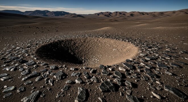 Impact crater surrounded by scattered glassy tektites on a desolate rocky desert landscape