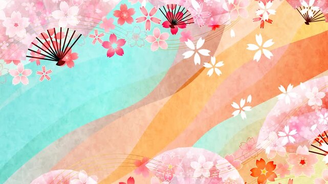 Japanese style cherry blossoms and folding fans abstract background animation