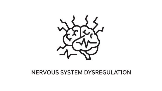 Nervous System Dysregulation and Mental Health Icon; Minimalist Vector Illustration of a Human Brain with Stress Lightning Bolts and Irregular Pulse Waves Representing Anxiety, Neurological Imbalance
