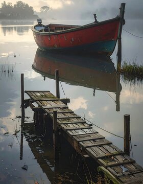 A serene lake scene with a red boat on a wooden dock
