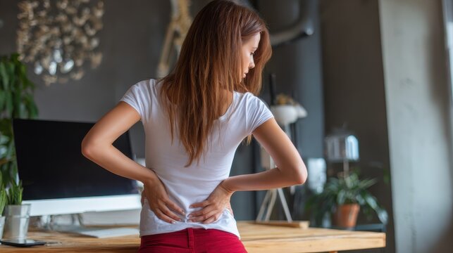 woman having back body ache during at home. adult female with muscle pain due to Piriformis Syndrome, Low Back Pain and Spinal Compression. Office syndrome and medical concept