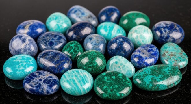 A Collection of Polished Semi-Precious Gemstones Showcasing Vibrant Blue and Green Hues