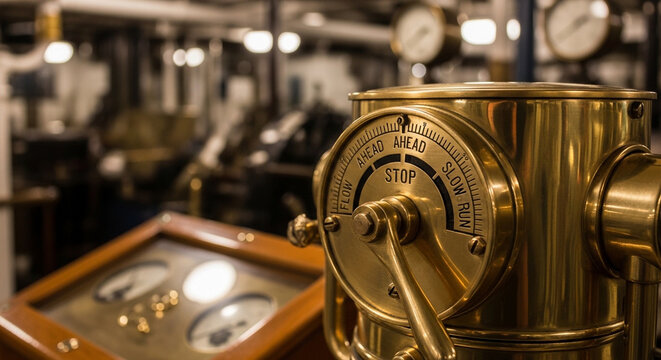 Close-up of a vintage brass ship's engine order telegraph with various speed commands in a dimly lit control room.