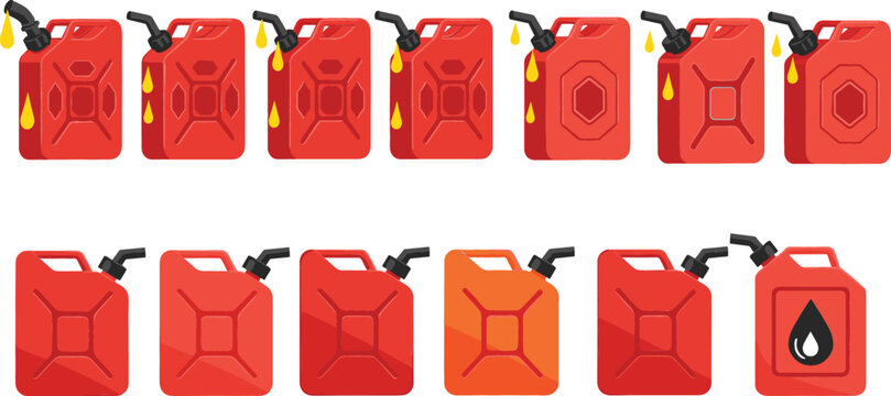 Fuel Canister Icon Set Featuring Gasoline Jerry Cans with Different Levels, Safety Symbols, and Flammable Warning Elements in Flat Vector Design Style
