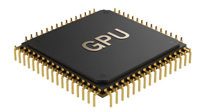 Black computer microchip with gold pins and g p u text computer chip