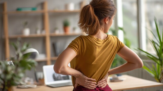 woman having back body ache during at home. adult female with muscle pain due to Piriformis Syndrome, Low Back Pain and Spinal Compression. Office syndrome and medical concept