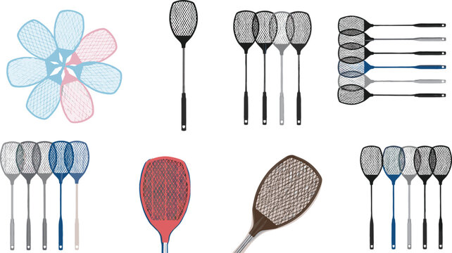 Fly Swatter Collection Featuring Household Pest Control Tools, Different Shapes and Colors, and Cleaning Equipment Icons in Detailed Vector Illustration Style