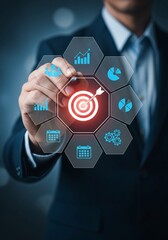 Naklejka premium Businessman touching virtual target icon surrounded by data analytics and business strategy icons.