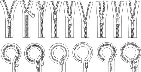 Zipper Mechanism Illustration Set Featuring Open and Closed Zip Fasteners, Slider Variations, and Sewing Accessories in Detailed Line Art Vector Style © MdMehedi