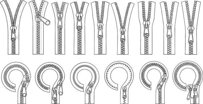 Zipper Mechanism Illustration Set Featuring Open and Closed Zip Fasteners, Slider Variations, and Sewing Accessories in Detailed Line Art Vector Style