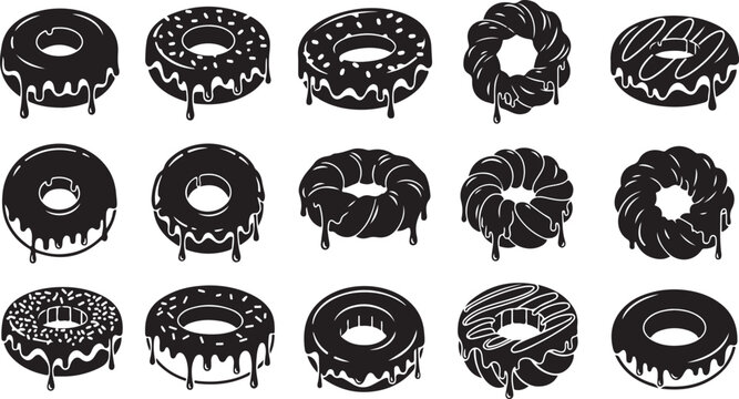 Glazed donut icons, 15 black vector dessert elements