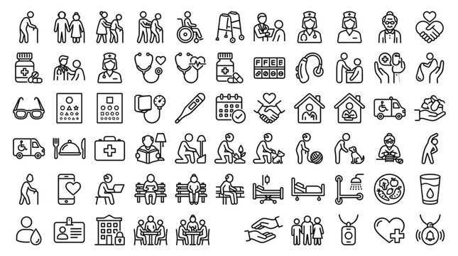 Set of 70 Elderly Care and Geriatrics Line Icons Vector