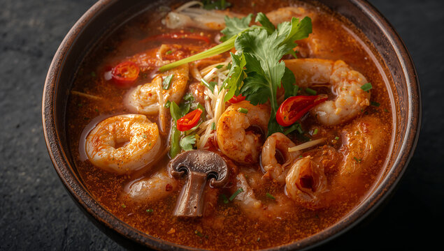 Tom yum goong soup with prawns, mushrooms, and chili, thai spicy and sour soup close-up, thai food