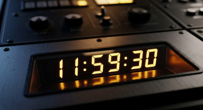 A digital clock displaying 11:59:30 on a dark control panel, showing time counting down.