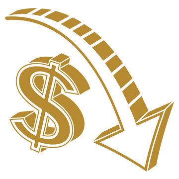 Golden dollar sign with downward arrow on indicating financial loss or decrease