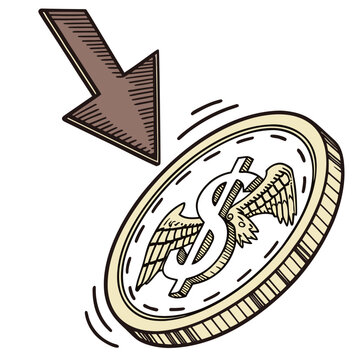 A cartoon illustration of a coin with a dollar sign and wings falling down with a downward arrow indicating a decrease in value