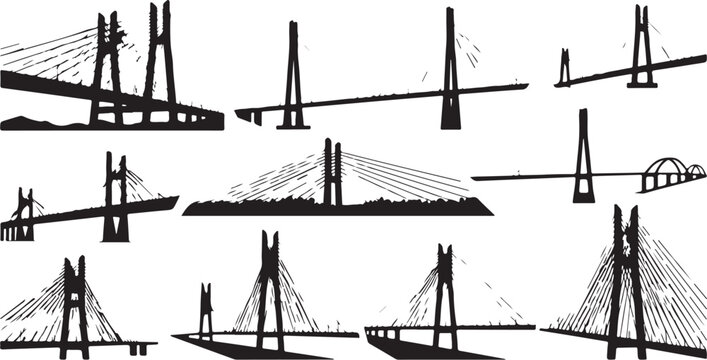 Cable-stayed bridge silhouettes, 11 bridge vector icons