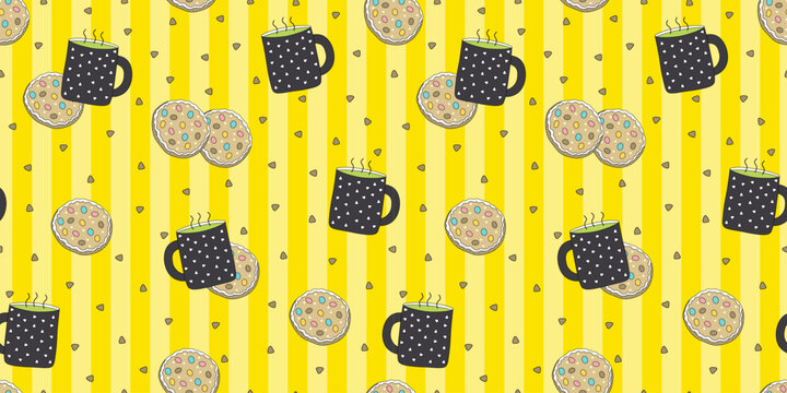 Cute bright seamless pattern. Jelly beans and a mug of green tea on a yellow background. Delicious baked goods. Vector cartoon design. Suitable for wallpaper, textiles, packaging, backgrounds.