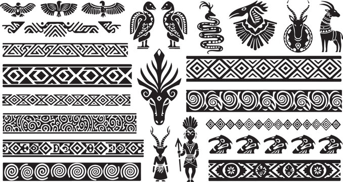 Ancient tribal ornaments, ethnic borders, animal vectors