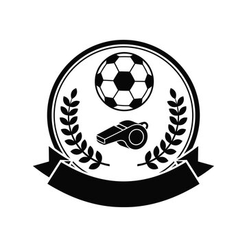 Soccer emblem vector with whistle, laurel wreath, and ribbon in black and white badge style