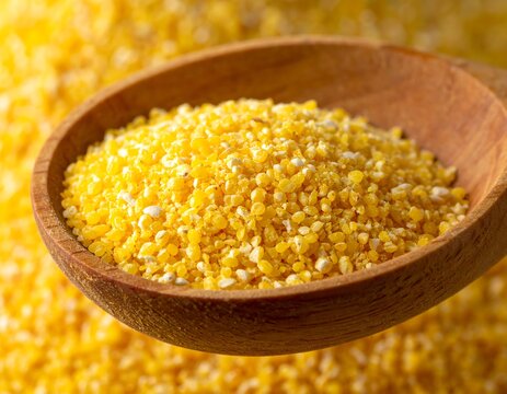 Close-up of a wooden spoon overflowing with bright yellow cornmeal or polenta