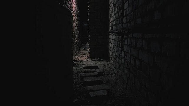 A scary, narrow corridor in a dark, abandoned basement. Grimy brick walls and a rubble floor lead to a faint light. Suspenseful, mysterious, and creepy atmosphere ideal for horror concepts