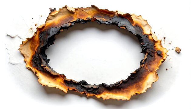 Close-up of burnt paper circle, edges charred, isolated on white background