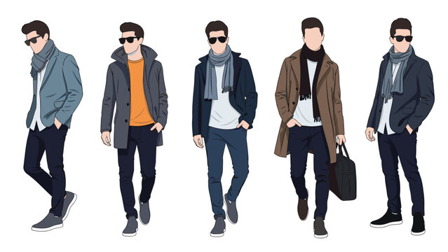 Collection of stylish men showcasing different winter fashion trends with coats, scarves, and sunglasses in a modern style.