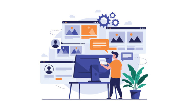 Developer managing multiple website windows and data layouts on a desktop computer portrays complex web development projects.